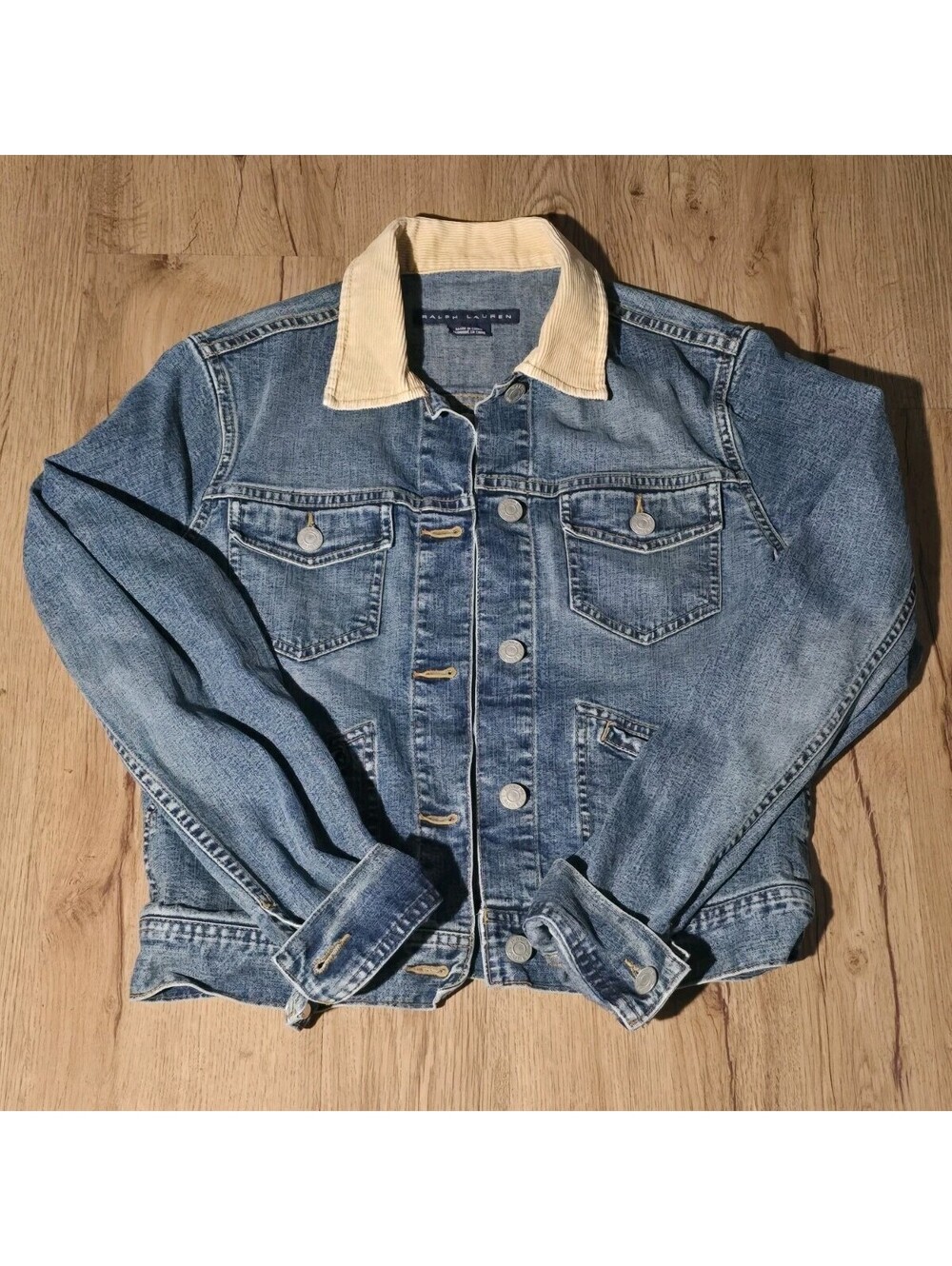 Vintage Polo Ralph Lauren Denim Jacket American Flag Corduroy Collar SP